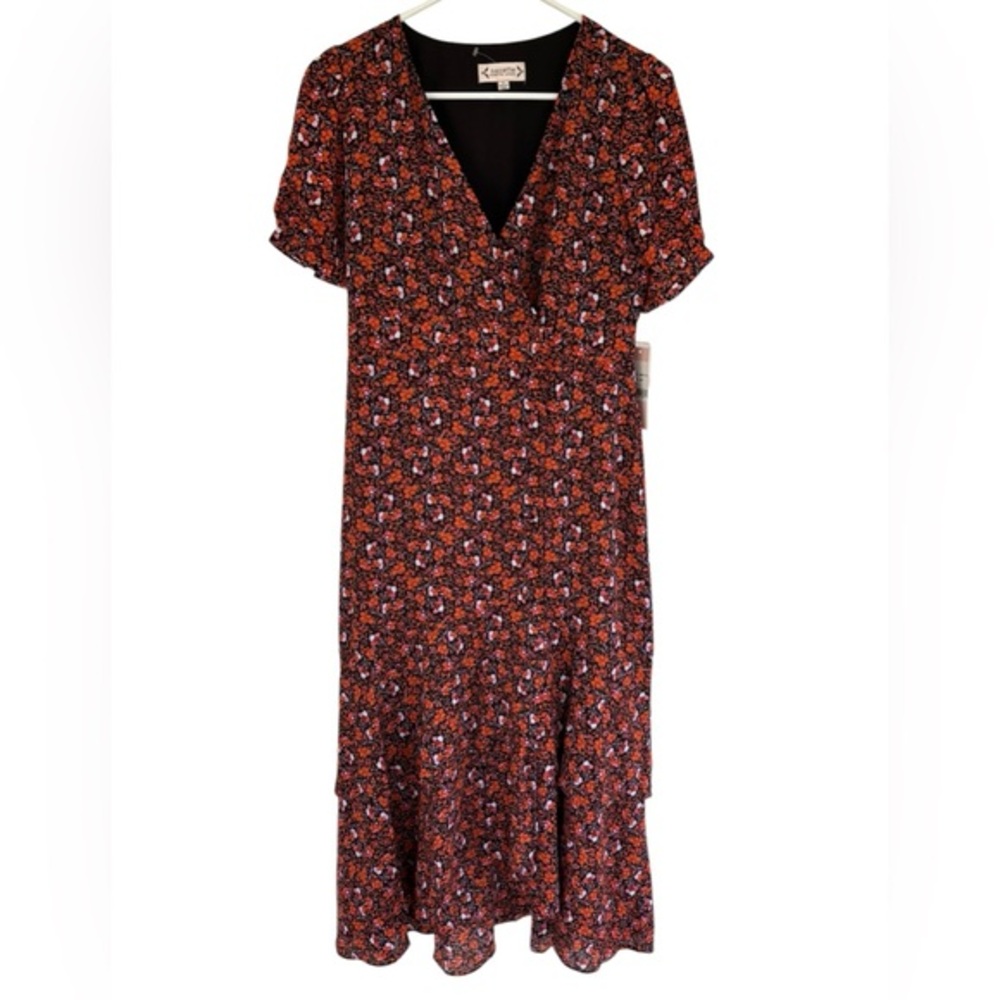 NWT Nanette Lapore Women's Black/Orange Floral Puff Sleeve Wrap Dress Size 4 - Picture 1 of 9